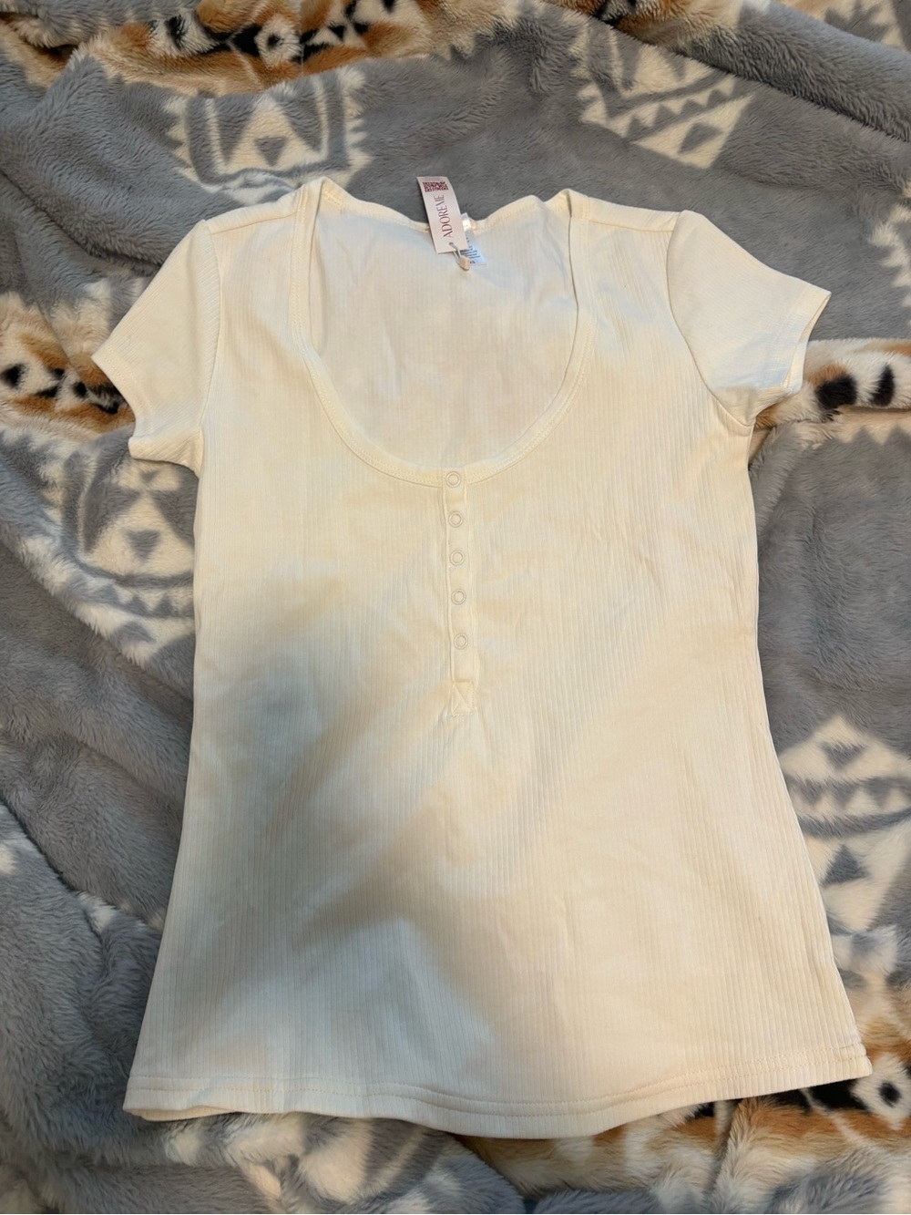 Adore Me Cream Ribbed Scoop Henley Tee